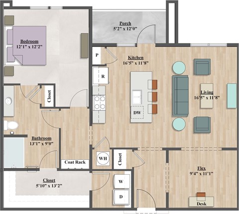 Floor plan for 1 bed, 1 bath, 1080 sqft